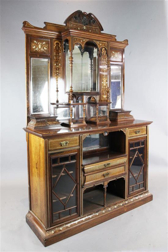 A late Victorian marquetry inlaid rosewood chiffonier, by James Shoolbred & Co, W.4ft 8in. D.1ft 6in. H.7ft 2in.
